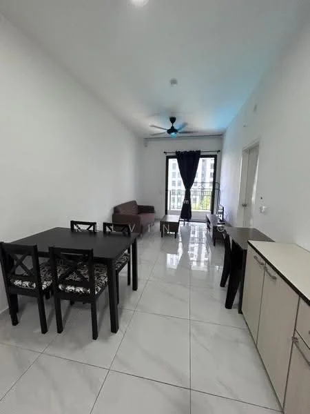 Living features: white painted walls, glossy white tile flooring, 5-blade ceiling fan with light, sliding glass door, blackout curtains, 2-seater fabric sofa in maroon, 4-seater dining table with black chairs, sideboard with storage, natural light from balcony, decorative wall art; style: modern; view: city.