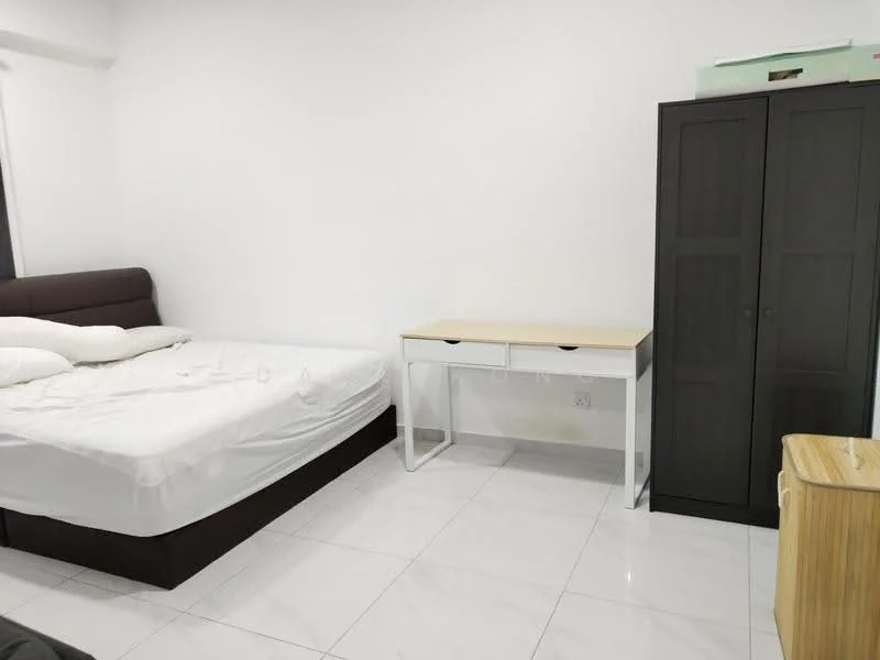 Bedroom features: queen-size bed with dark upholstered headboard, white bedding, white walls, white tiled flooring, black wardrobe with sliding doors, light wood desk with two drawers, chair, window with sheer curtains; style: modern.
