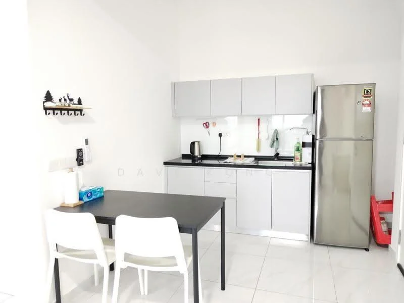 Kitchen features: white cabinetry, black countertop, stainless-steel fridge, kettle, sink, single-bowl stainless-steel sink, chrome pull-down faucet, 4-burner gas hob, wall-mounted cabinets, white tiled backsplash, dining table for two, two white dining chairs, ceramic tile flooring, white painted walls, recessed lighting; style: modern.
