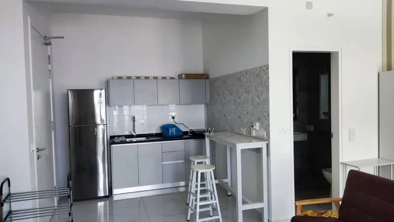 Kitchen features: stainless-steel fridge, grey cabinetry, white countertop, built-in stove, wall-mounted hood, white backsplash with floral pattern, bar stools, open shelving, tile flooring, sink, kitchen island; style: modern. Room features: white walls, natural light, open layout.