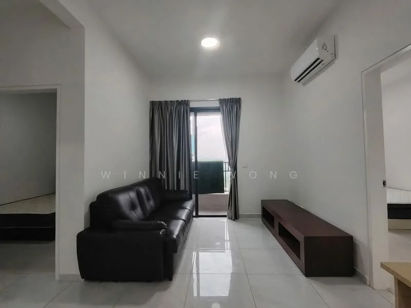 Living features: black leather sofa, wall-mounted TV console in dark wood, white painted walls, glossy white tile flooring, floor-to-ceiling window with sheer curtains, 1 wall-mounted split AC, recessed ceiling light; style: modern; view: city.