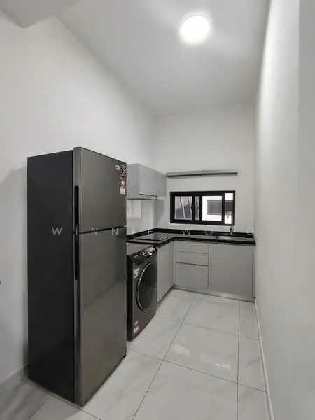 Laundry features: grey cabinetry, black countertop, stainless-steel fridge, front-load washing machine, white tiled flooring, white painted walls, single-bowl stainless-steel sink, window with black frame; style: modern.