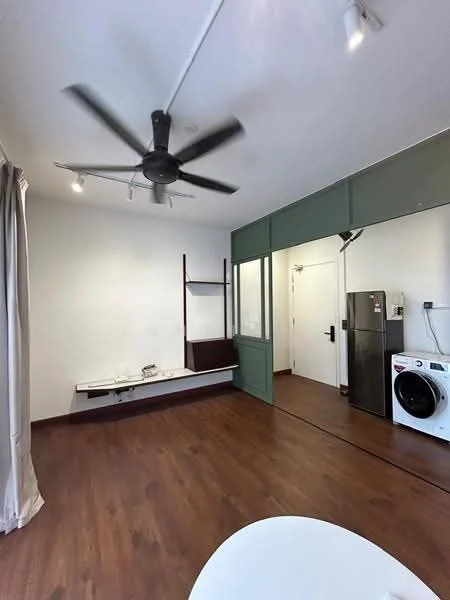 Room features: wooden flooring, white painted walls, 5-blade ceiling fan, recessed downlights, mirror wall, fridge, front-load washing machine, curtains, built-in shelf, door with security lock; style: modern.