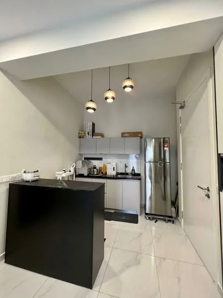 Kitchen features: black countertop, white cabinetry, stainless-steel fridge, built-in oven, 4-burner gas hob, white backsplash, pendant lighting, marble tile flooring, sink, kitchen island, open shelving, microwave; style: modern.