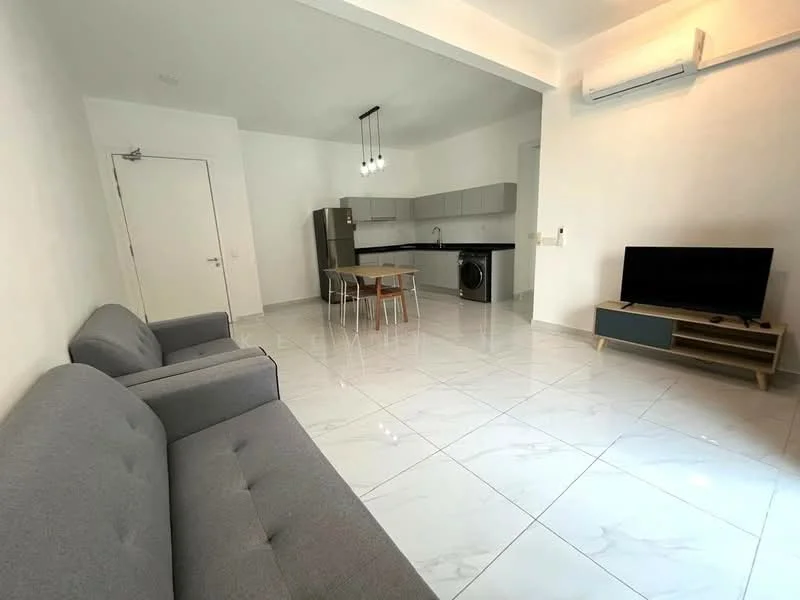 Living features: grey fabric 3-seater sofa, grey fabric 2-seater sofa, white painted walls, marble tile flooring, recessed LED downlights, wall-mounted TV, TV console with storage, air conditioning unit, open layout to kitchen, dining table with chairs; style: modern. Kitchen features: stainless-steel fridge, built-in washing machine, grey cabinetry, black countertop, open shelving, kitchen island, pendant lighting; style: modern.