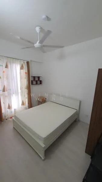 Bedroom features: queen-size bed, white bed frame, light wood flooring, 5-blade ceiling fan, floor-to-ceiling window, sheer curtains with geometric pattern, wooden shelving unit, decorative wall panel, neutral painted walls; style: modern.