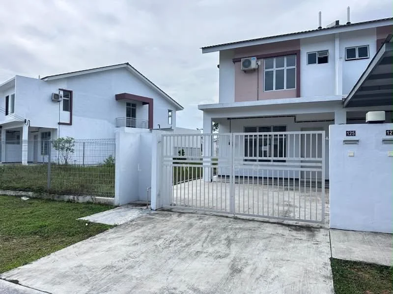 Exterior type: semi-detached house; features: white painted facade, pink accent wall, flat roof, fenced yard, manicured lawn, driveway with concrete surface, air conditioning units visible, gated entry, two-storey structure; style: modern.