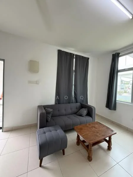 Living features: grey fabric 3-seater sofa, wooden coffee table, grey upholstered ottoman, white painted walls, tile flooring, floor-to-ceiling windows, blackout curtains, natural light from windows; style: modern.