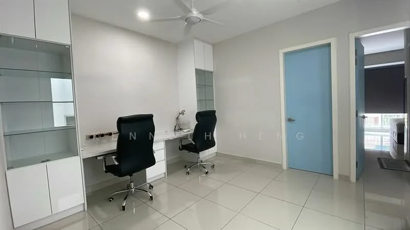 Study features: white painted walls, glossy tile flooring, 5-blade ceiling fan, two black office chairs, white desk with drawers, glass-front cabinets, blue door, natural light from window, neutral color scheme; style: modern.