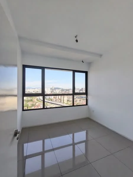 Room features: white painted walls, grey tile flooring, floor-to-ceiling windows, city view, recessed ceiling lights; style: modern; view: city.