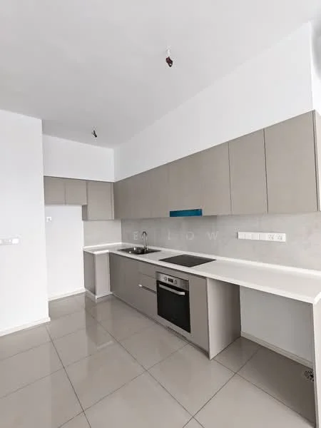 Kitchen features: light grey cabinetry, white countertop, stainless-steel sink, chrome pull-down faucet, built-in oven, electric cooktop, white tiled backsplash, grey tile flooring, recessed downlights, open shelving, fridge space, wall-mounted cabinets; style: modern.