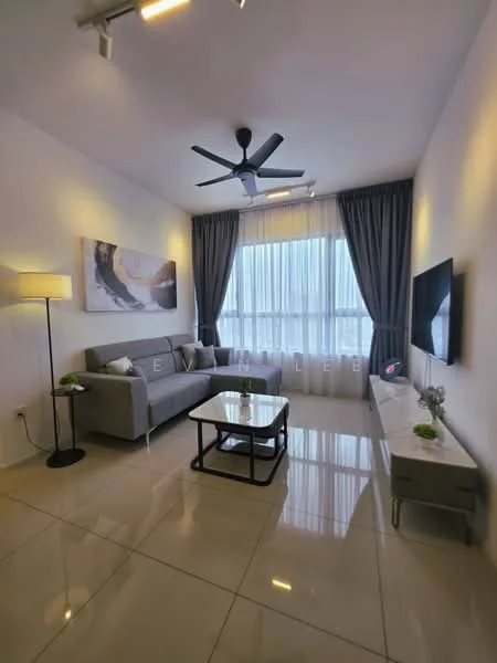 Living features: 3-seater fabric sofa in grey, coffee table with black frame, floor lamp, wall-mounted TV, TV console, curtains, ceiling fan with light, glossy tile flooring, decorative plant, framed artwork; style: modern; view: city.