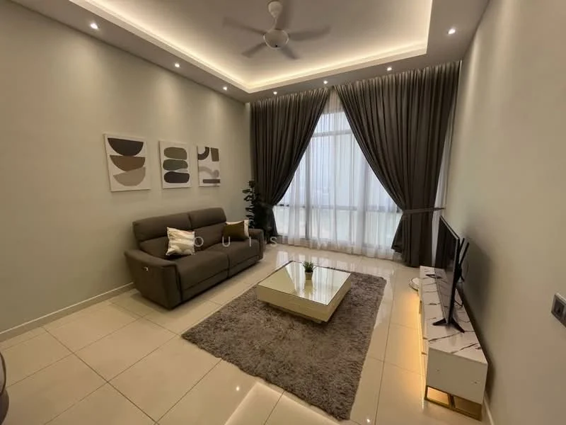 Living features: 3-seater fabric sofa in grey, coffee table with glass top, area rug with geometric pattern, floor-to-ceiling windows, sheer curtains, recessed LED downlights, ceiling fan, wall-mounted TV, TV console with storage, decorative plant in pot, framed artwork on walls, cream painted walls, tile flooring; style: modern.