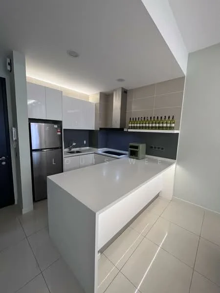 Kitchen features: white quartz countertop, white shaker cabinets, stainless-steel fridge, built-in oven, stainless-steel range hood, ceramic tile flooring, grey backsplash, single-bowl stainless-steel sink, chrome pull-down faucet, recessed downlights, open shelving with wine bottles, modern cabinetry; style: modern.