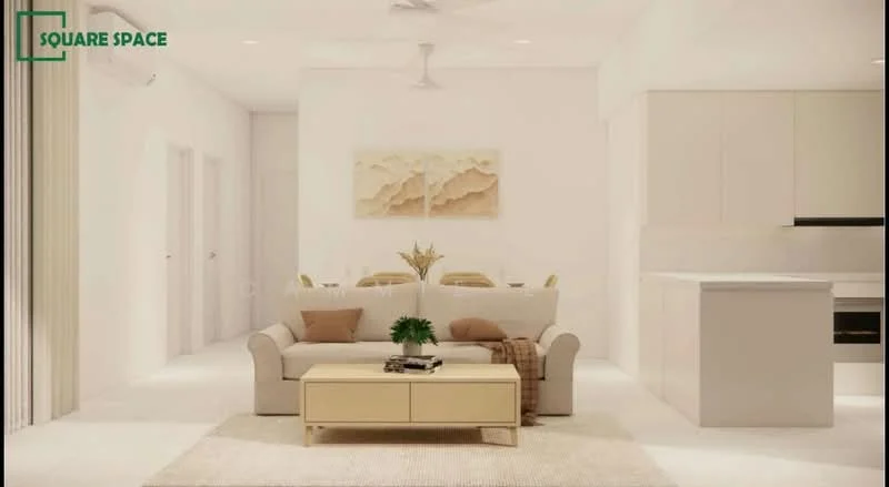 Living features: 3-seater fabric sofa in white, coffee table in light wood, area rug in neutral color, ceiling fan, wall-mounted air conditioning unit, decorative wall art, light-colored walls, recessed lighting, open-plan layout to kitchen, large windows with sheer curtains; style: modern.