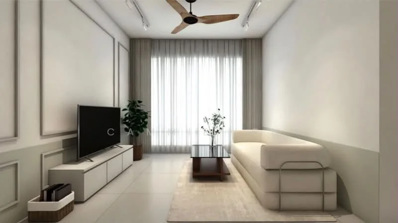 Living features: 3-seater fabric sofa in cream, wood coffee table, TV console with storage, wall-mounted TV, 5-blade ceiling fan, floor-to-ceiling windows with sheer curtains, light-colored walls with decorative moulding, neutral-toned area rug, indoor plant in ceramic pot, recessed lighting; style: modern.
