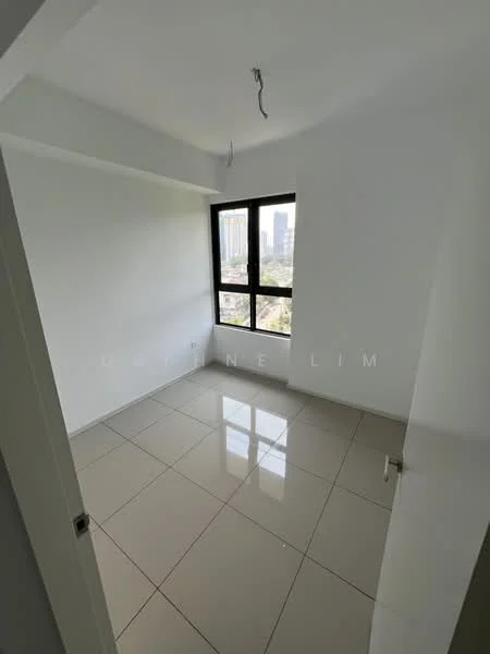 Room features: white painted walls, glossy ceramic tile flooring, floor-to-ceiling windows, city view, no visible ceiling fixture, neutral color scheme, empty space, no furniture; style: modern; view: city.