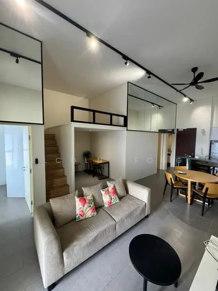 Living features: sofa with floral cushions, black coffee table, ceiling fan, recessed downlights, open-plan layout, staircase leading to upper level, large mirrors on walls, grey tiled flooring; style: modern. Dining features: dining table with four chairs, wooden dining chairs, open layout to kitchen, grey tiled flooring; style: modern.