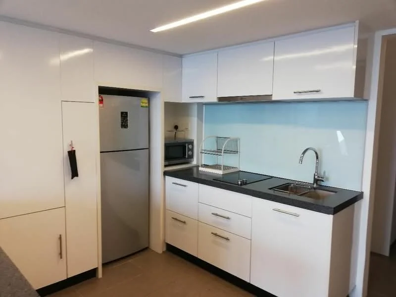 Kitchen features: white glossy cabinetry, black granite countertop, stainless-steel single-bowl sink, chrome pull-down faucet, built-in microwave, stainless-steel fridge, glass splashback, under-cabinet lighting, tile flooring, open shelving, kitchen island, recessed ceiling lights; style: modern.