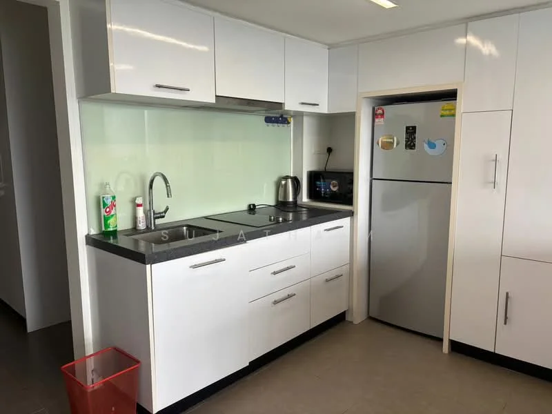 Kitchen features: white cabinetry, black granite countertop, single-bowl stainless-steel sink, chrome pull-down faucet, built-in fridge, kettle, tile backsplash, ceramic tile flooring, recessed downlights, window, waste bin; style: modern.