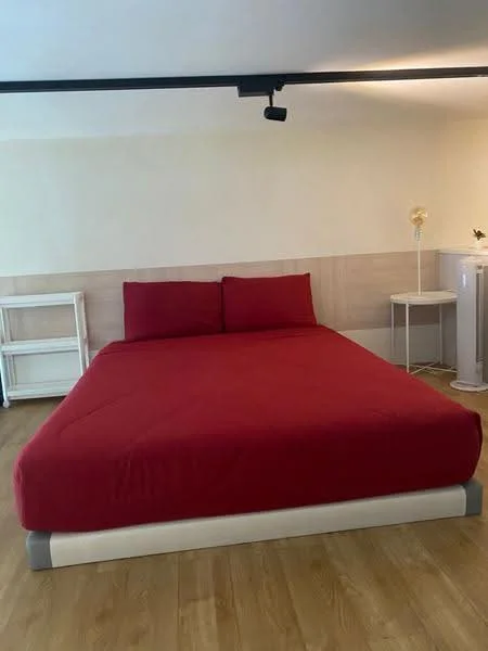 Bedroom features: king-size bed with red bedding, wooden flooring, white painted walls, nightstand with lamp, open shelving unit, minimalist decor, track lighting, no visible closet; style: modern.