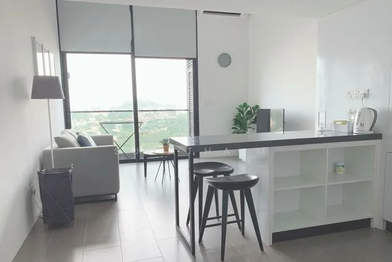 Living features: floor-to-ceiling windows, grey fabric sofa, black bar stools, white kitchen island, black countertop, light grey walls, tile flooring, wall clock, TV console, balcony door, decorative lamp, open shelving; style: modern; view: city.