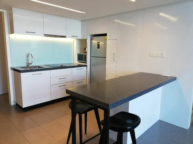 Kitchen features: white cabinetry, black granite countertop, stainless-steel single-bowl sink, chrome pull-down faucet, built-in oven, microwave, stainless-steel fridge, ceramic tile flooring, glass backsplash, kitchen island with seating, recessed downlights, open shelving, modern design; style: modern.