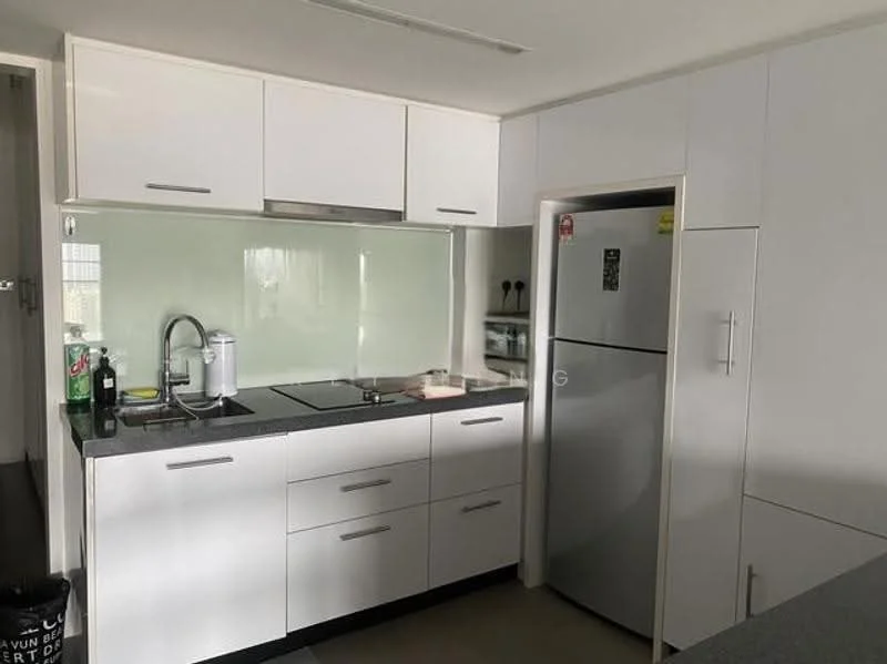 Kitchen features: white flat-panel cabinets, grey granite countertop, glass backsplash, stainless-steel sink, chrome pull-down faucet, built-in stove with hood, freestanding refrigerator, under-cabinet lighting, open shelving, kitchen utensils on countertop, floor-mounted cabinet, tile flooring; style: modern.