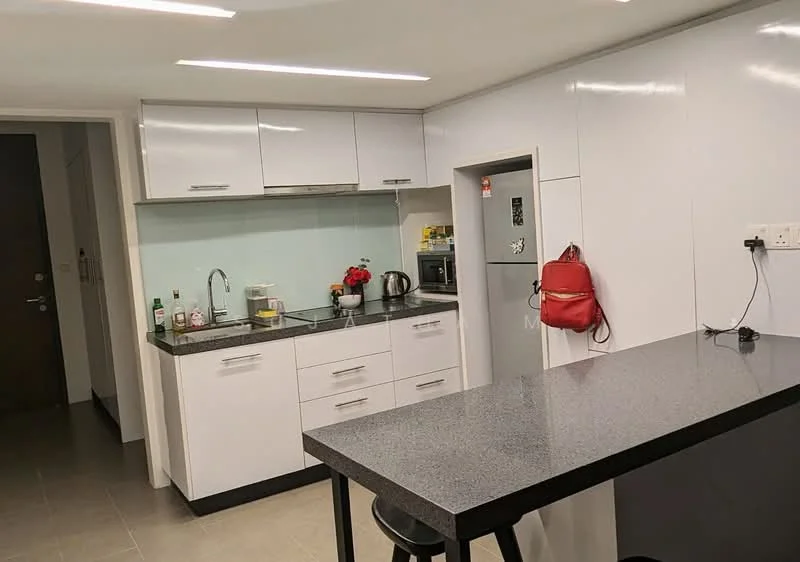 Kitchen features: white cabinetry, black granite countertop, stainless-steel sink, chrome pull-down faucet, built-in oven, microwave, stainless-steel fridge, kettle, toaster, bar stools, tile flooring, recessed LED downlights, glass backsplash; style: modern.