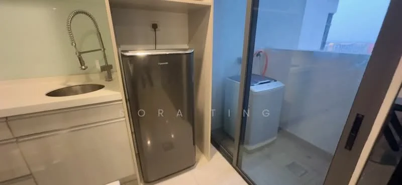 Kitchen features: single-bowl stainless-steel sink, chrome pull-down faucet, stainless-steel fridge, white cabinetry, light-colored countertop, tile flooring, floor-to-ceiling glass door, balcony view; style: modern; view: city.