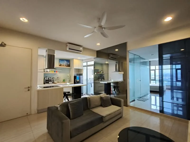 Living features: 3-seater fabric sofa in grey, coffee table, ceiling fan, wall-mounted split AC, marble tile flooring, recessed downlights, open-plan layout with kitchen, large windows with city view; style: modern; view: city. Kitchen features: kitchen island, stainless-steel sink, chrome pull-down faucet, built-in oven, freestanding range oven, microwave, white shaker cabinets, ceramic tile backsplash; style: modern. Room features: glass partition, large windows, marble tile flooring.