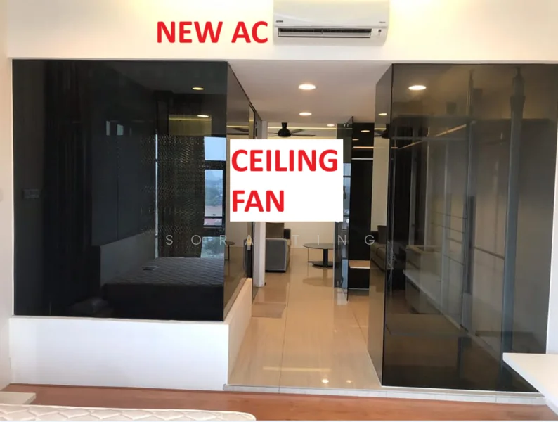 Room features: black glass partition, white walls, tile flooring, ceiling fan, wall-mounted split AC, recessed lighting, open layout, large windows; style: modern; view: city.