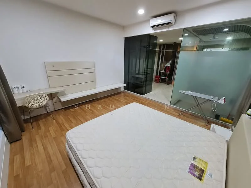 Bedroom features: wooden flooring, white painted walls, built-in headboard, wall-mounted shelf, floor-to-ceiling glass wall, air conditioning unit, window with sheer curtains, ironing board, light fixture, queen-size mattress, decorative wall panel; style: modern.
