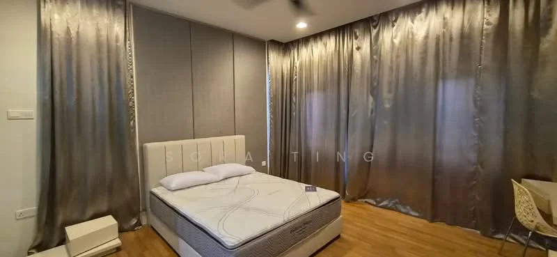 Bedroom features: queen-size bed, upholstered headboard, wooden flooring, grey curtains, wall-mounted light fixture, nightstand, decorative wall paneling, ceiling fan; style: modern.