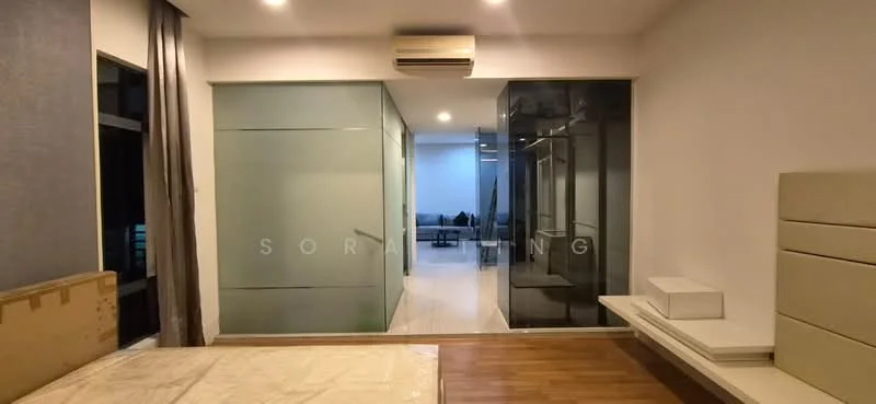 Room features: wooden flooring, white painted walls, glass partition walls, recessed downlights, wall-mounted split AC, neutral color scheme, built-in storage unit, large windows, curtains, open layout; style: modern.