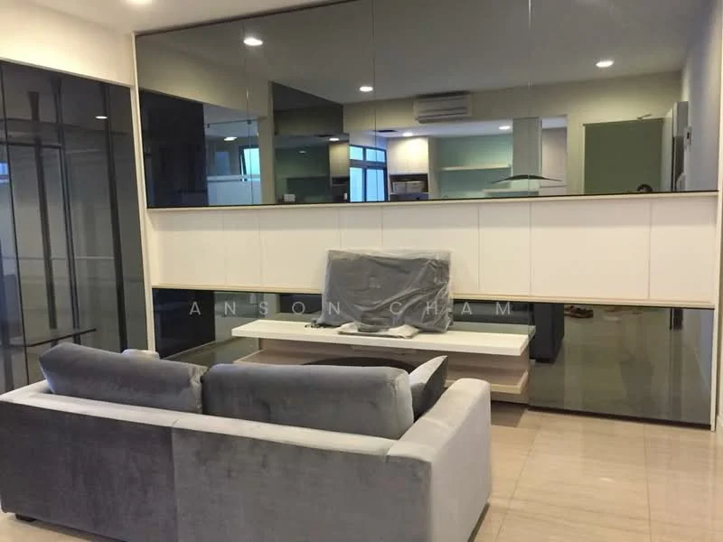 Living features: grey fabric sofa, coffee table, wall-mounted TV, mirror wall, white panelled wall, glass partition, recessed ceiling lights, tile flooring; style: modern.