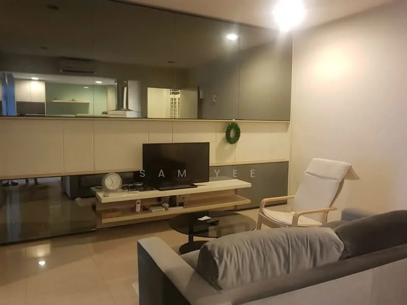 Living features: grey fabric sofa, wooden coffee table, black circular coffee table, wall-mounted TV, light-colored TV console, mirrored wall, recessed lighting, cream painted walls, marble tile flooring, decorative wreath on wall; style: modern.