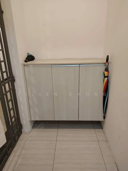 Room features: light wood cabinetry, four cabinet doors, smooth countertop, grey tiled flooring, umbrella holder, minimalist design; style: modern.