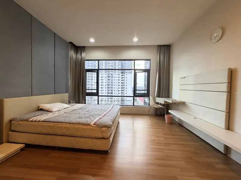 Bedroom features: queen-size bed, wooden flooring, grey accent wall, floor-to-ceiling windows, sheer curtains, built-in wall shelf, wall-mounted desk, decorative clock, recessed downlights; style: modern; view: city.