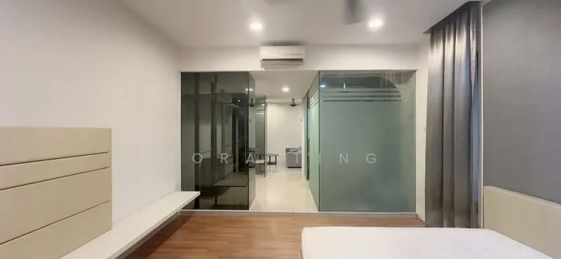 Room features: wooden flooring, white painted walls, glass partition, recessed downlights, wall-mounted split AC, curtains, ceiling fan, open shelving, built-in wardrobe; style: modern.