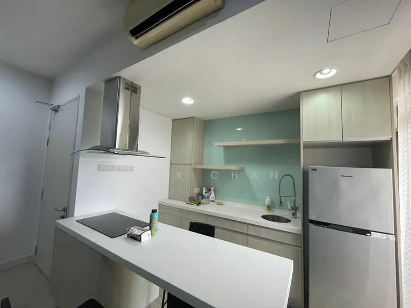 Kitchen features: white countertop, stainless-steel sink, chrome pull-down faucet, built-in oven, freestanding fridge, light wood cabinetry, glass backsplash, recessed downlights, kitchen island with seating, open shelving, wall-mounted range hood, tile flooring; style: modern.