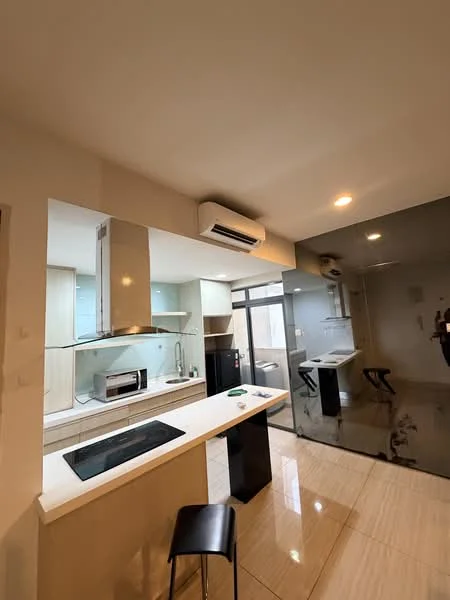 Kitchen features: white cabinetry, black countertop, stainless-steel built-in oven, stainless-steel microwave, stainless-steel range hood, 4-burner gas hob, single-bowl stainless-steel sink, refrigerator, bar stools, wall-mounted split AC, glossy tile backsplash, tile flooring, under-cabinet lighting; style: modern.