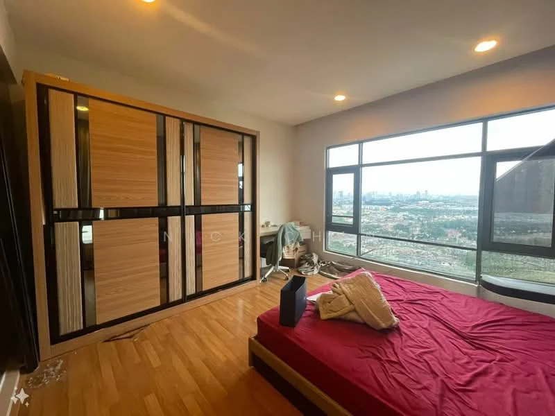 Bedroom features: king-size bed with red bedding, wooden flooring, large floor-to-ceiling windows with city view, built-in wardrobe with wood and glass doors, desk with chair, decorative throw pillows, nightstand, wall-mounted TV; style: modern; view: city.