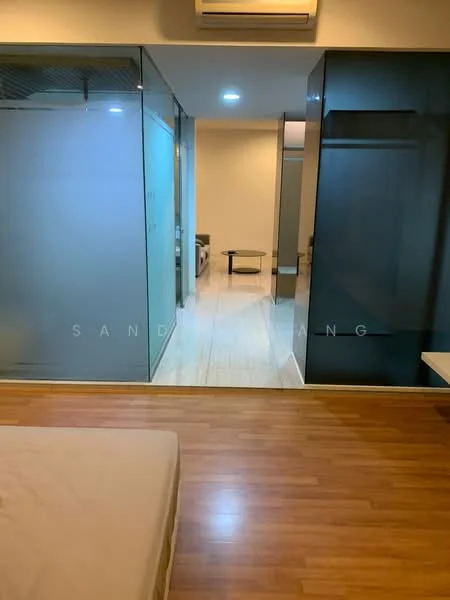 Room features: wooden flooring, glass partition walls, recessed downlights, air conditioning unit, neutral wall colour, open layout, visible living area, minimalist design; style: modern.