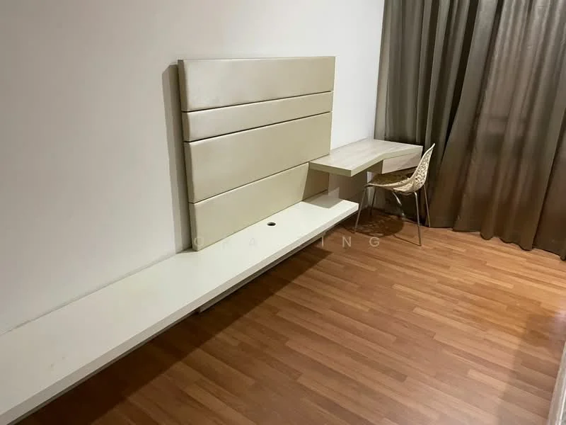 Room features: wooden flooring, white painted walls, built-in headboard with storage, desk with chair, curtains, wall-mounted shelf, light-colored desk, neutral color scheme; style: modern.