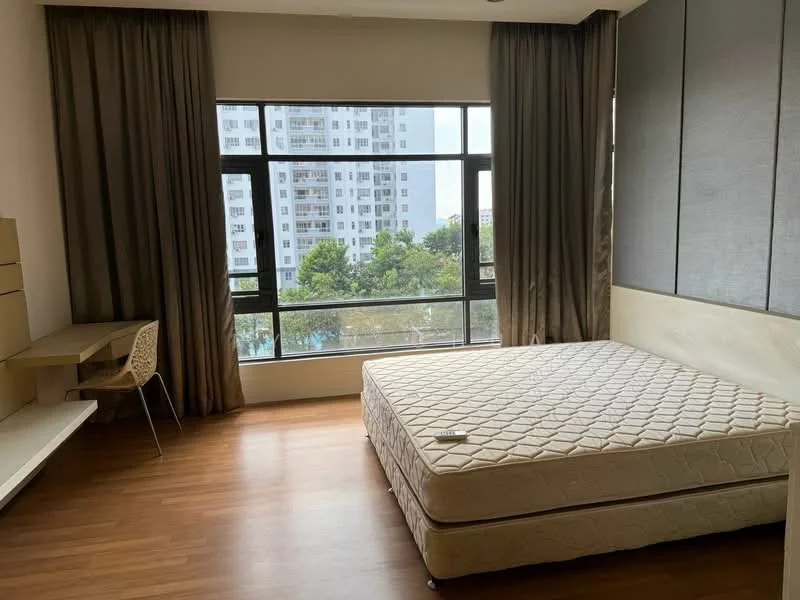 Bedroom features: queen-size bed with mattress, wooden flooring, floor-to-ceiling windows, sheer curtains, study desk, chair, built-in wardrobe, decorative wall paneling; style: modern; view: garden.