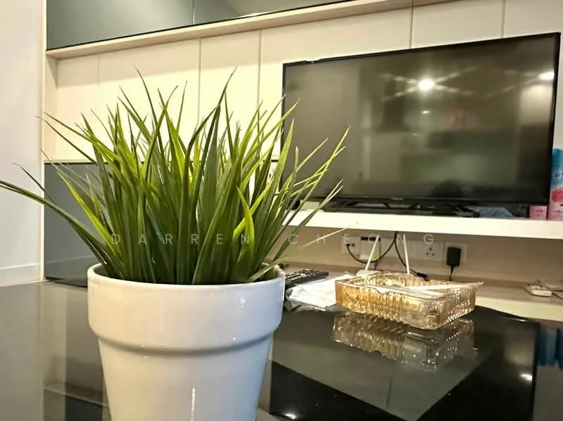 Room features: black countertop, white ceramic pot with plant, wall-mounted TV, white cabinetry, glass cabinet doors, electrical outlets visible, decorative items on countertop; style: modern.