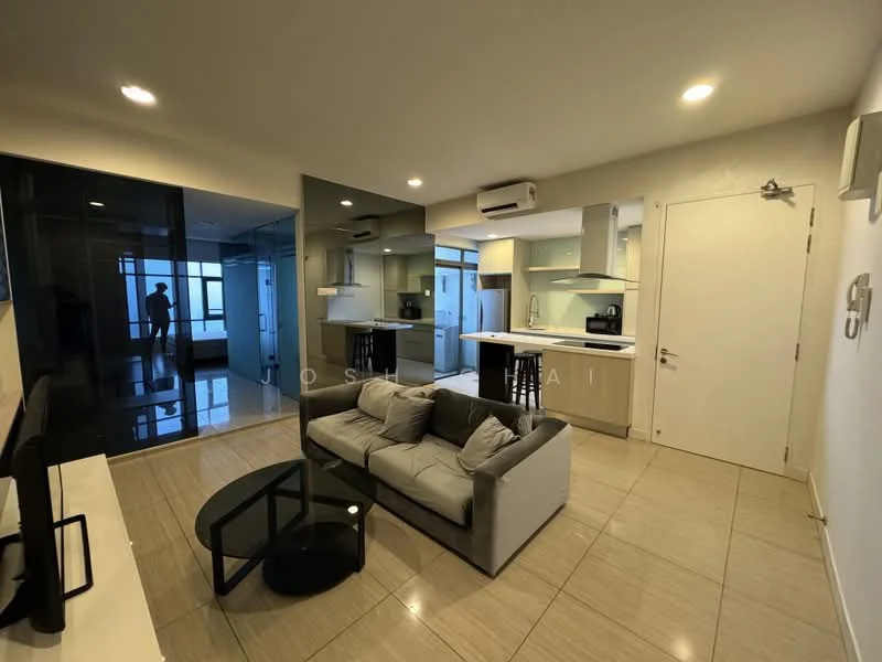 Living features: grey fabric sofa, black coffee table, wall-mounted TV, recessed LED downlights, wall-mounted air conditioning unit, large window with city view, tile flooring, neutral painted walls; style: modern; view: city. Kitchen features: kitchen island with bar stools, stainless-steel sink, chrome pull-down faucet, built-in oven, stainless-steel range hood, 4-burner gas hob, white cabinetry, grey countertop; style: modern.