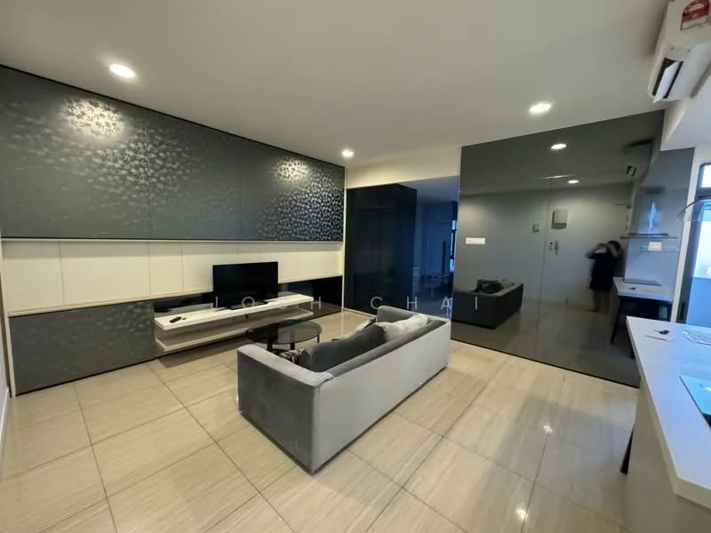 Living features: grey fabric sofa, TV console, wall-mounted TV, recessed downlights, large glass wall, textured wall panel, cream painted walls, tile flooring, air conditioning unit; style: modern.