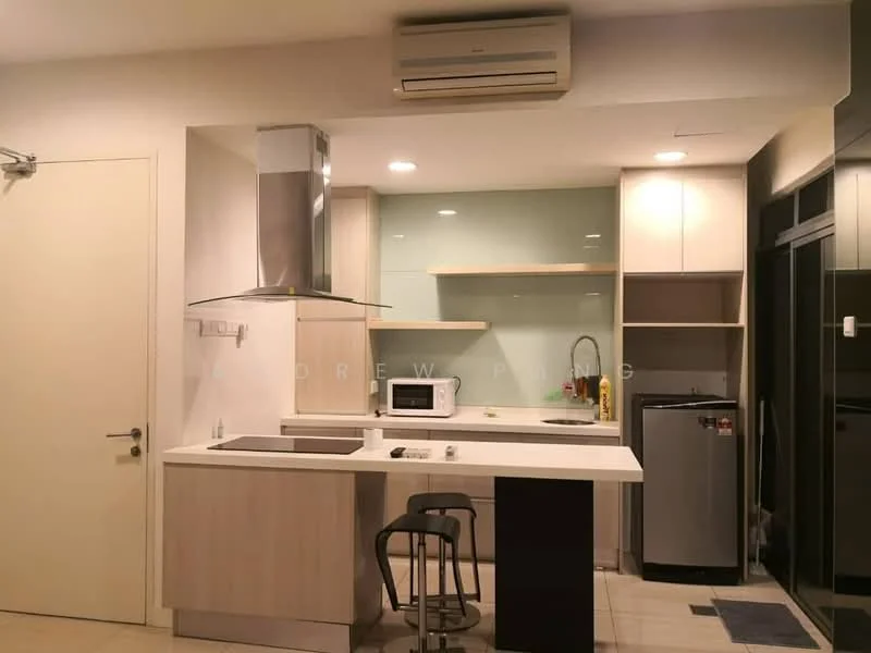 Kitchen features: white cabinetry, grey countertop, stainless-steel range hood, built-in microwave, stainless-steel fridge, single-bowl stainless-steel sink, chrome pull-down faucet, open shelving, bar seating with stool, recessed downlights, wall-mounted split AC; style: modern.